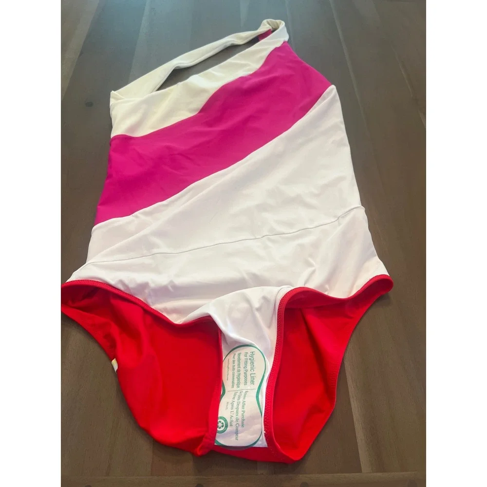 Summersalt The Sidestroke One Shoulder Swimsuit Colorblock Pink White Red 14LT